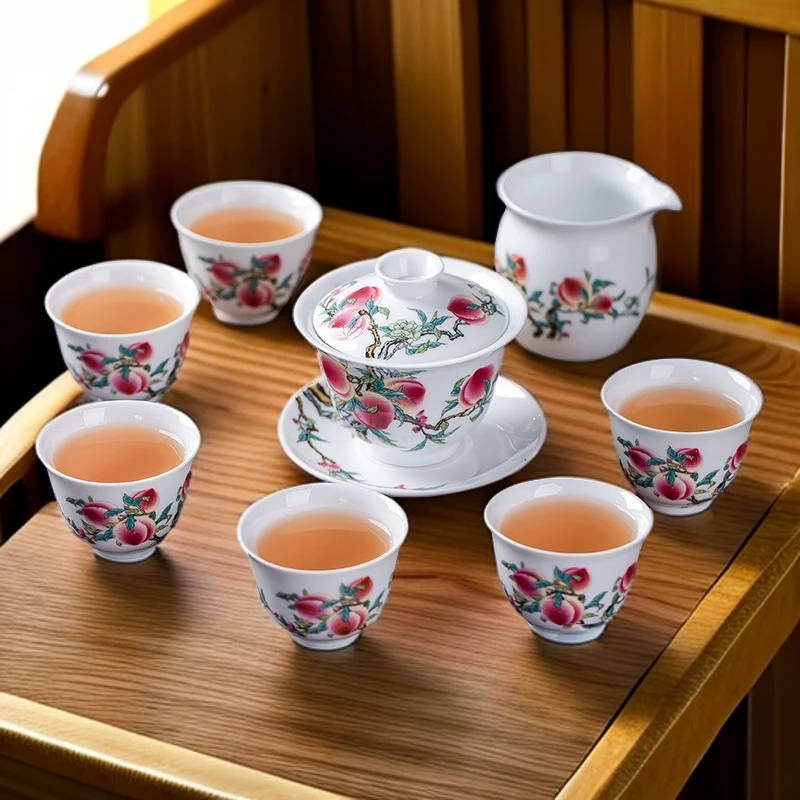 景德镇陶瓷功夫茶具套装寿桃主人杯盖碗品茗杯茶具整套礼盒装送礼