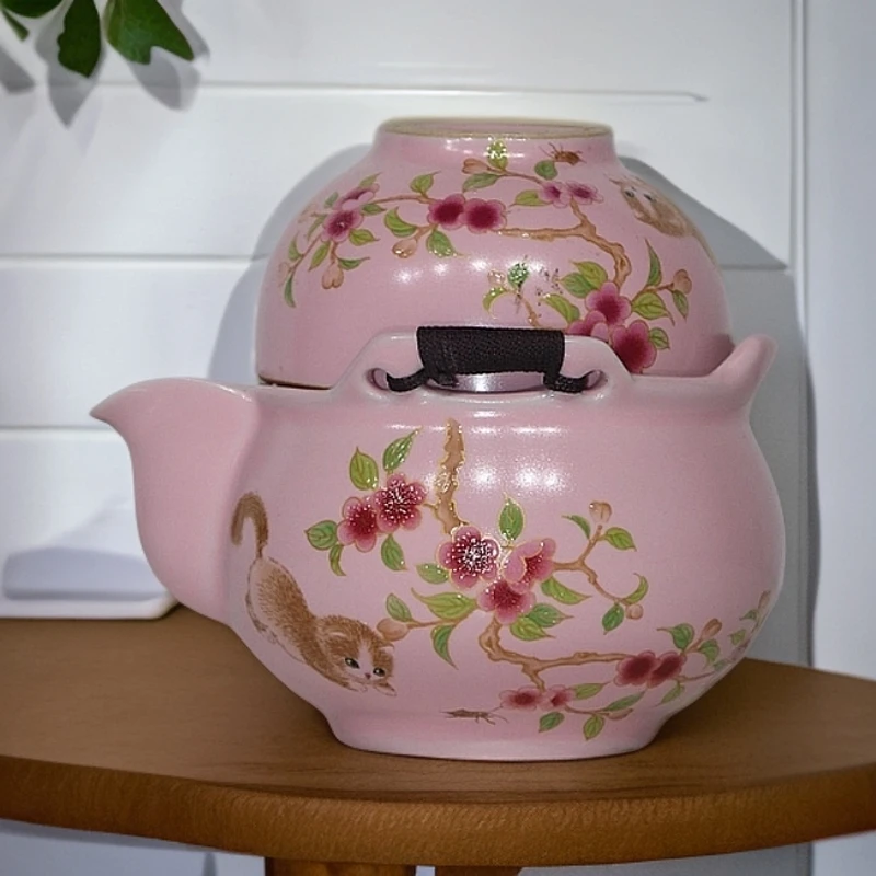 036粉色桃花猫咪茶杯茶具陶瓷精美描金汝窑手抓壶功夫套装泡茶壶