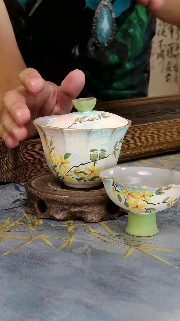 亘古茶具柴烧精品@手绘桂花盖碗杯