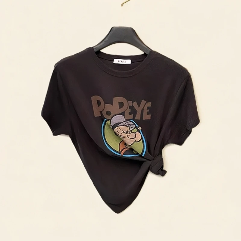 夏装搭配一整套时尚洋气减龄咖色卡通印花短袖T恤工装半身裙套装