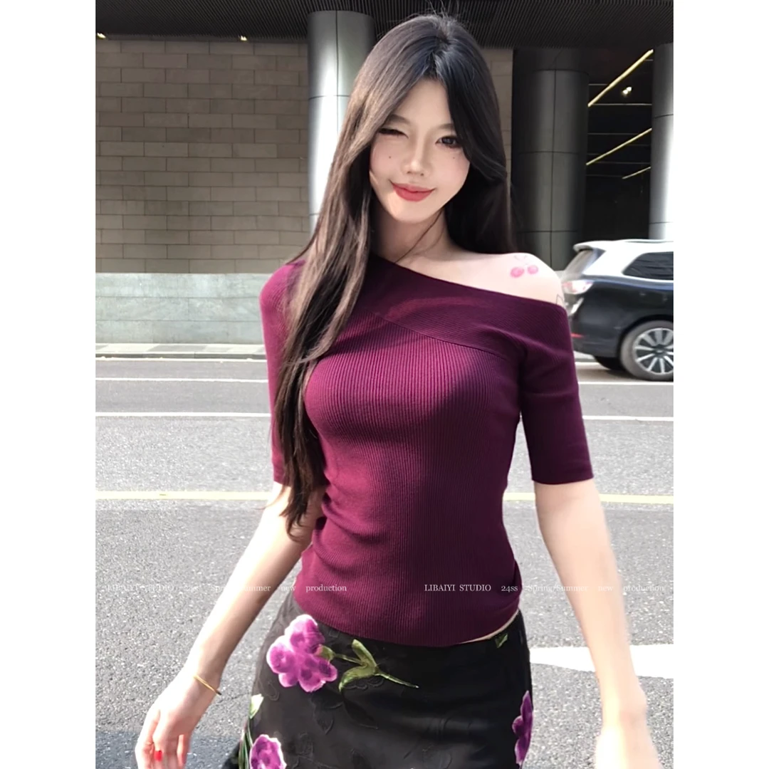 LIBAIY 半熟/斜肩法式贵气千金露肩显瘦中袖针织衫1505