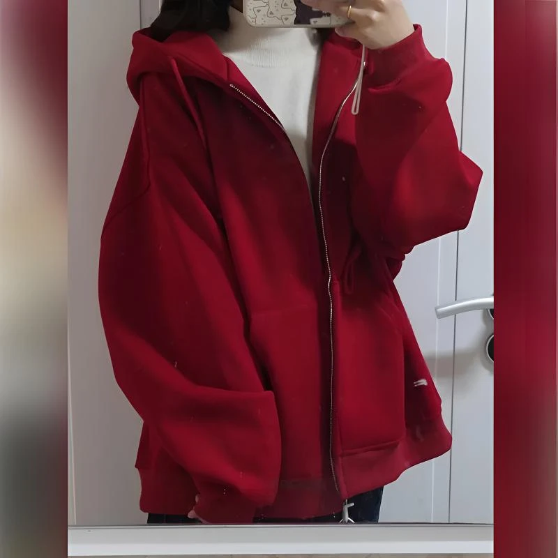 美式红色宽松卫衣外套女秋冬爆款2025新款加绒加厚慵懒风上衣即墨