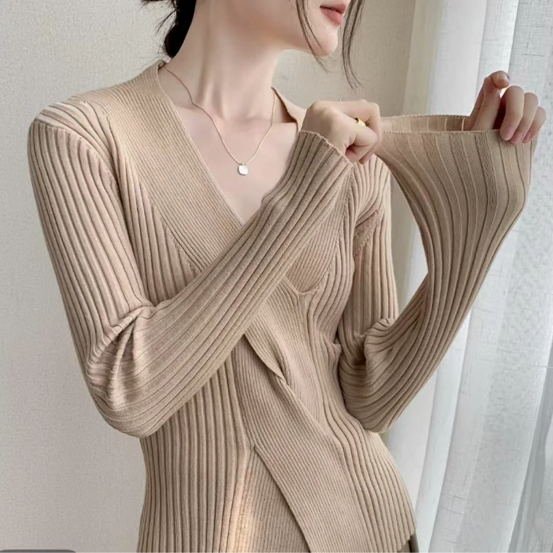 长袖扎染针织V领中长款保暖毛衣洋气时尚内搭显瘦2103