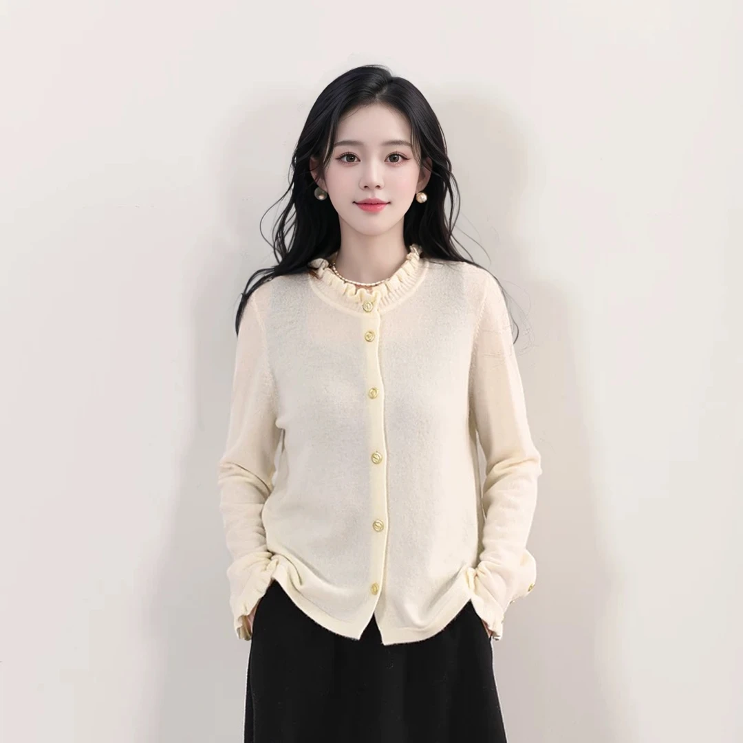 【DAWANG】纯色木耳花边简约设计感百搭减龄显瘦开衫100羊毛2A7081