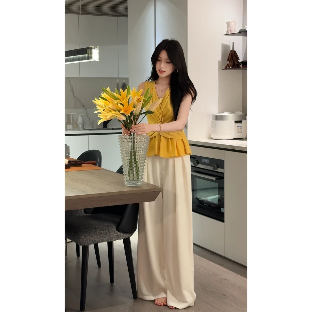 时尚法式设计感扭结无袖V领气质显瘦衬衫宽松直筒阔腿长裤套装女