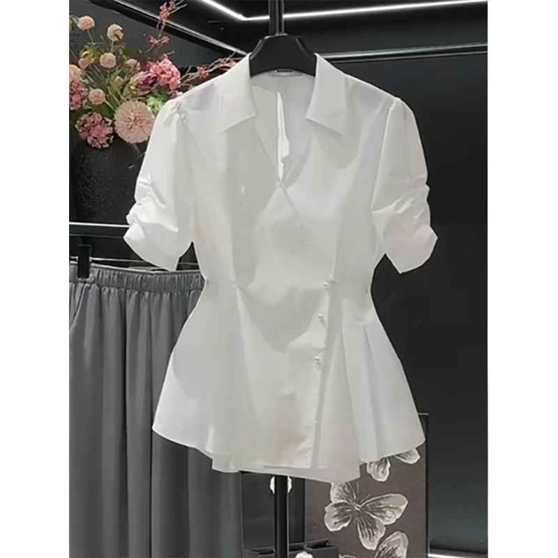 大码高级感v领泡泡短袖衬衫夏季新款微胖mm法式气质收腰裙摆上衣