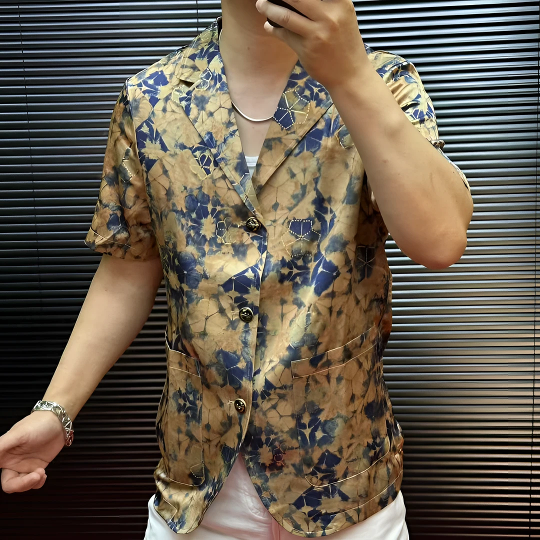 FLD甄选25新款冰丝免烫高品质时尚翻领夏季纽扣印花西装短袖95276