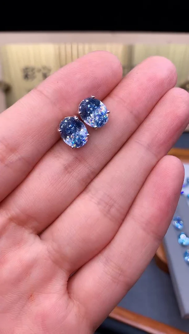 海蓝宝石耳钉银S925镶嵌5432