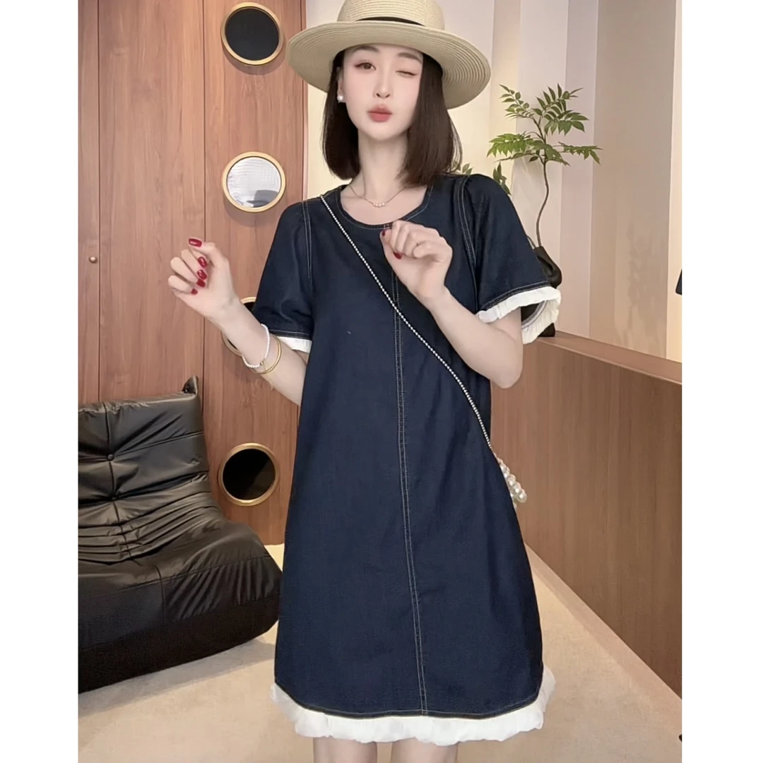 短袖牛仔连衣裙韩系复古设计感小个子显瘦百搭夏季短裙
