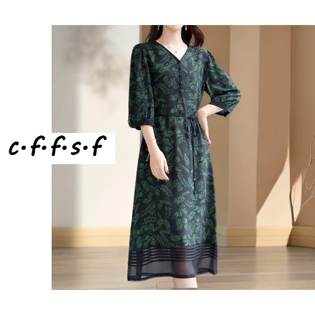 【裁缝方师傅家】轻奢浪漫桑蚕丝双绉印花连衣裙V领时尚夏季透气女