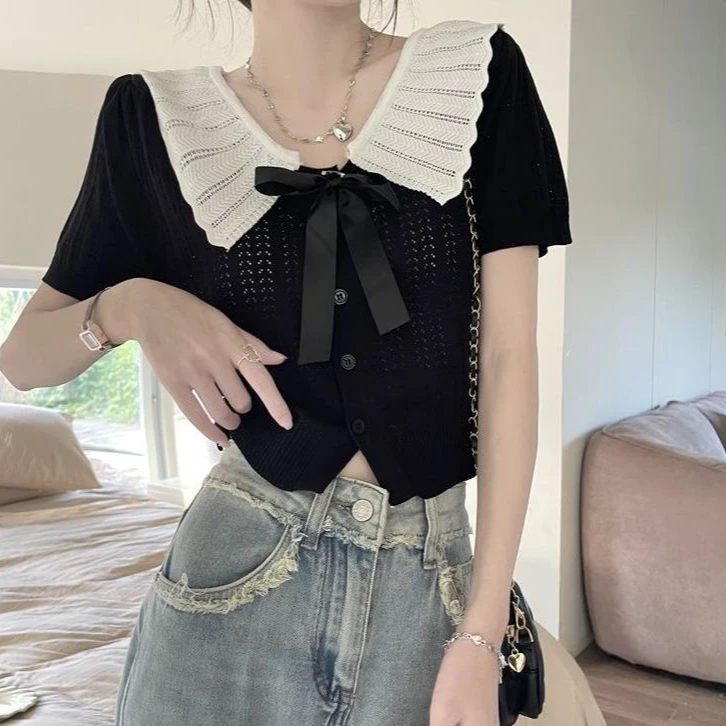 百搭蝴蝶结撞色针织衫女夏季新款娃娃领短款休闲显瘦上衣