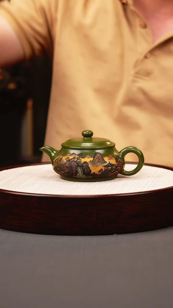 茶壶紫砂绿泥 明炉 彩刻山水
