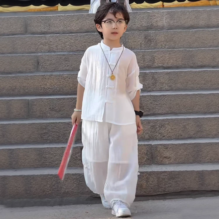 DY男女童酷潮韩夏季新中式透气清光曲仿真丝冰凉炸街帅气时尚套装