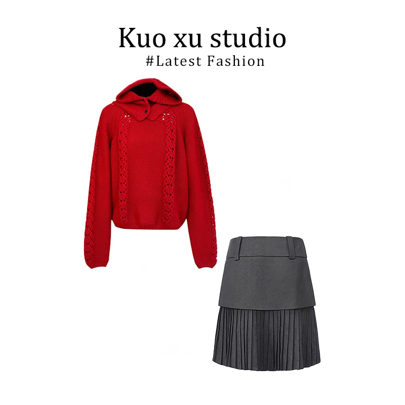 时尚套装女士2025秋冬新款红色保暖加厚连帽毛衣上衣韩系气质短裙