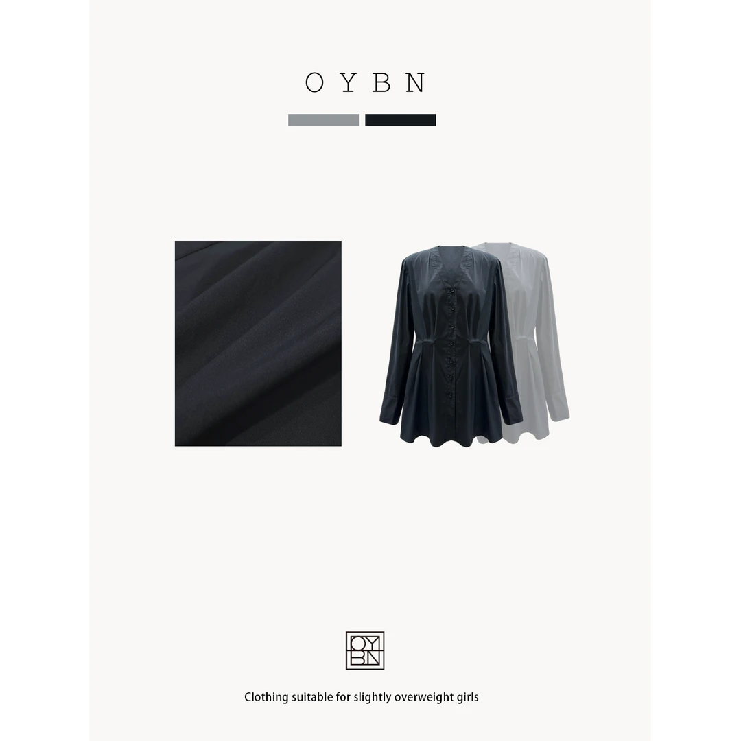 OYBN欧阳贝妮【告白信】微胖大码收腰设计感V领衬衫上衣 1005
