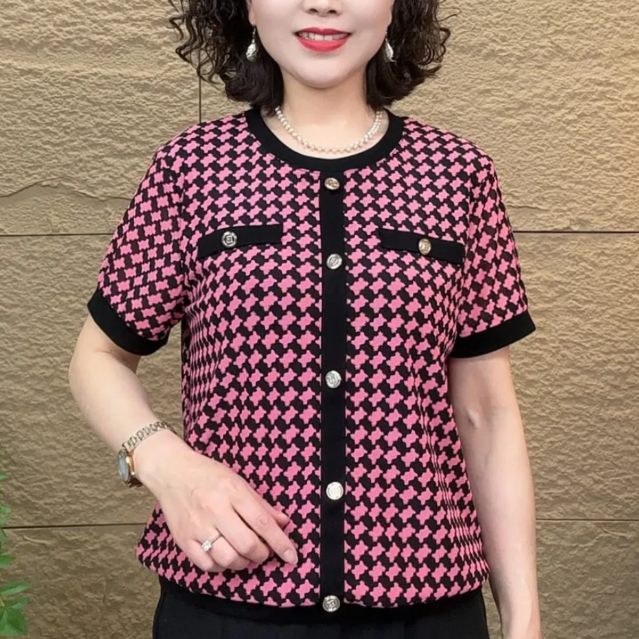 夏季新款时尚洋气短袖T恤宽松显瘦减龄休闲百搭上衣撞色妈妈小衫