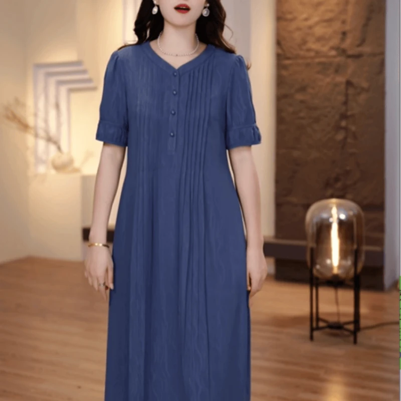 003【连衣裙】2025夏季新款高级优雅时尚纯色宽松休闲减龄连衣裙