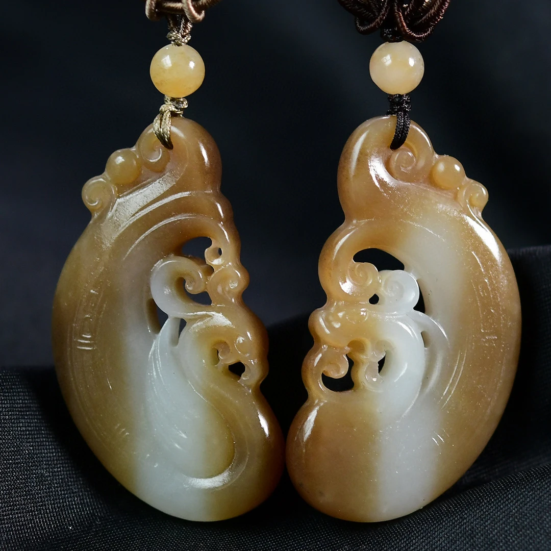 和田玉糖白龙凤对牌吊坠一龙一凤玉佩男女款玉石项链小孩儿童玉坠