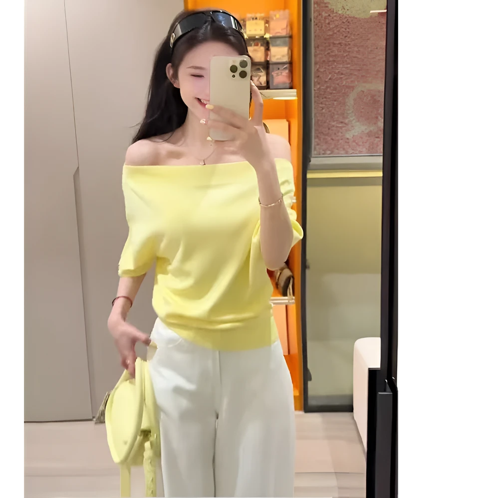 2025夏季莱赛尔天丝辣妹一字肩纯色短袖套头针织衫韩系高级上衣女