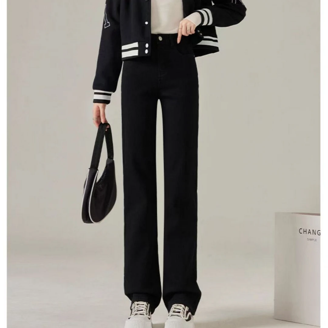 【四川】加绒直筒牛仔裤女2024年新款秋款高腰秋季黑色窄阔腿版裤