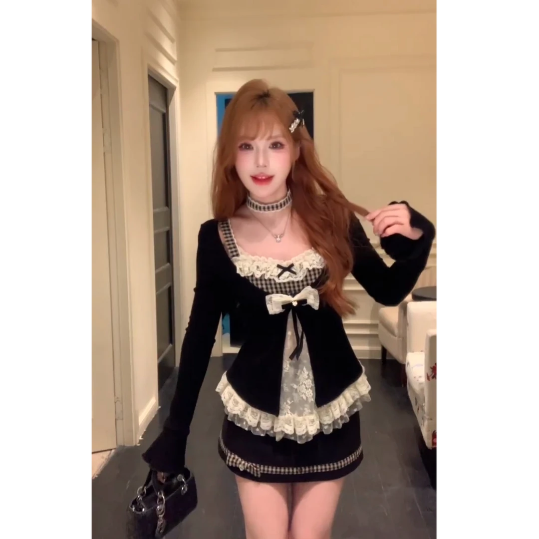 韩系甜辣妹假两件蕾丝蝴蝶结上衣修身短裙套装女秋冬高级感两件套