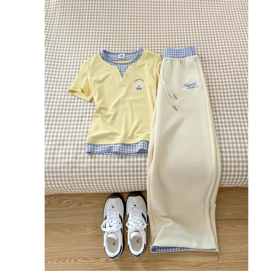 自带时髦慵懶风拼接撞色正肩短袖t恤女2025夏季新款修身百搭上衣