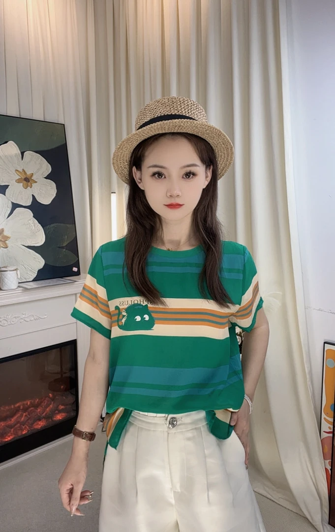 100%真丝双绉条纹创意绿色显瘦桑蚕丝t恤上衣