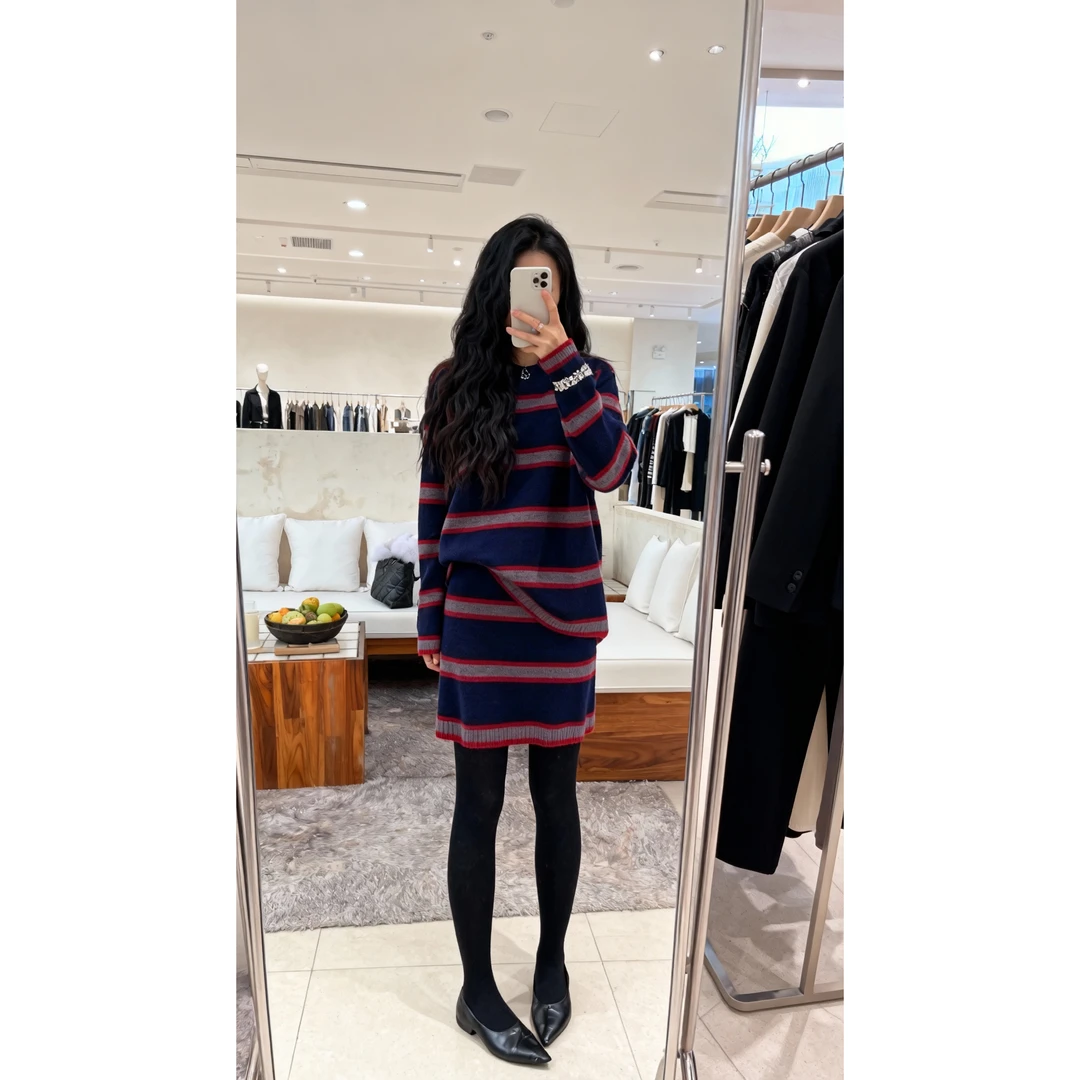 【现货秒发】韩系条纹藏蓝色慵懒风圣诞套装