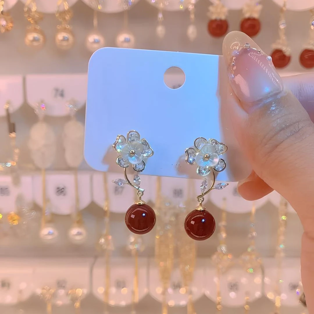 铜合金合成锆石耳饰 102红色精美时尚珠珠耳坠女士女式气质耳钉