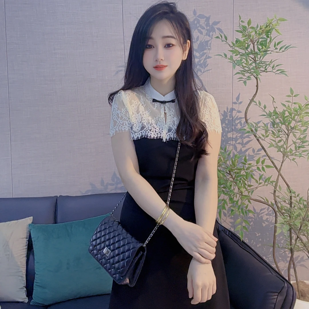 丹丹精选--25929-1新款蕾丝新中式拼接盘扣立领气质连衣裙