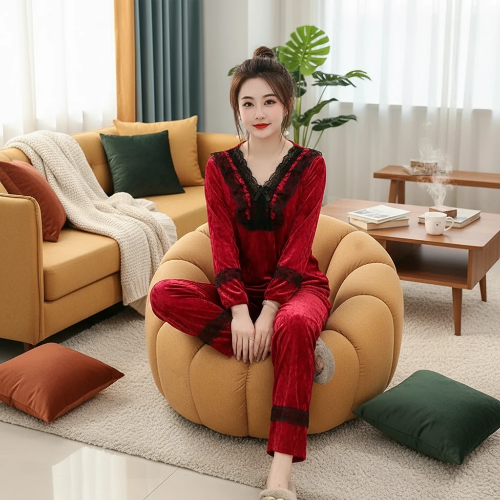 女士秋冬红色金丝绒蕾丝长袖保暖睡衣套装新年时尚宽松大码家居服