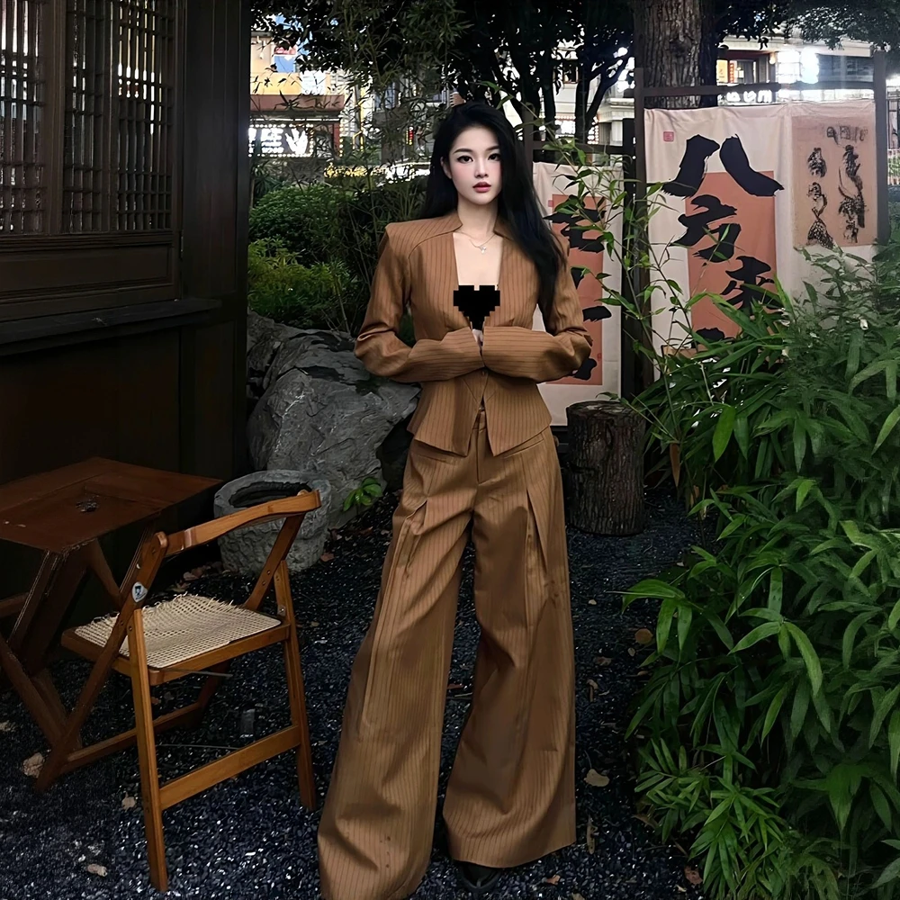 时尚西装套装女2025秋新款复古美式辣妹穿搭显瘦外套阔腿裤两件套