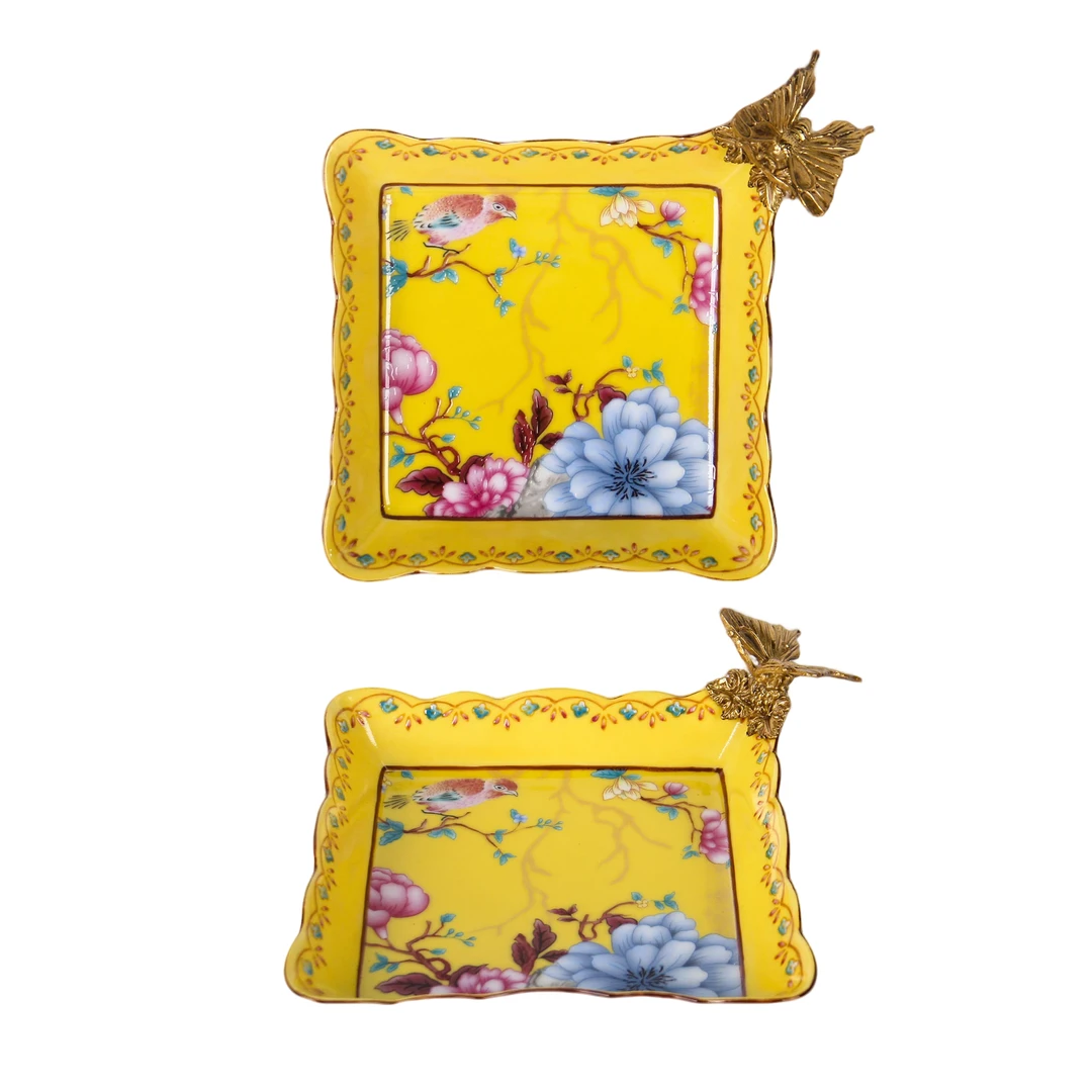【奇居亭】高温瓷配铜花开富贵甜品碟客厅收纳摆件#H542-YL-H257