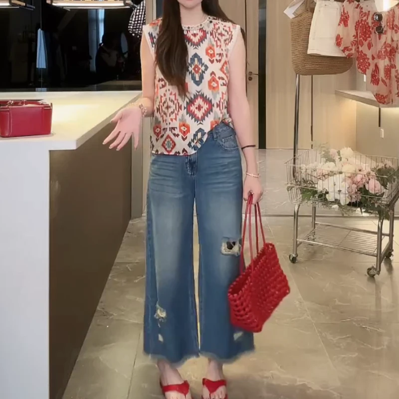 夏季新款高级感圆领宽松无袖衬衫+百搭直筒牛仔裤LK2503367