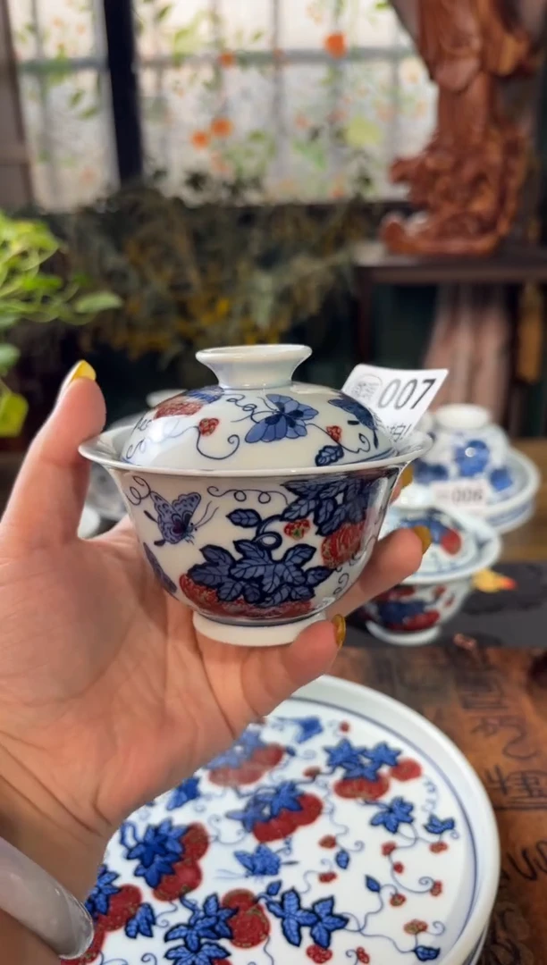 瓷青花手绘西瓜盖碗
