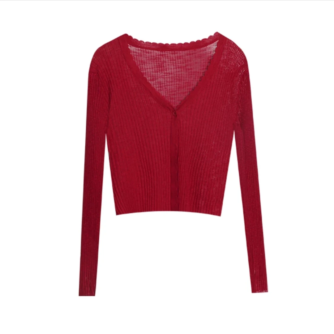 小爱专属2025夏季新款气质名媛针红色开衫木耳披肩夏5561防晒衣#