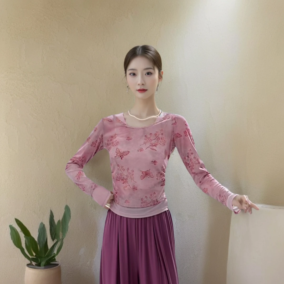 24766舞蹈服女复古扎染网纱长袖打底衫不规则别致上衣