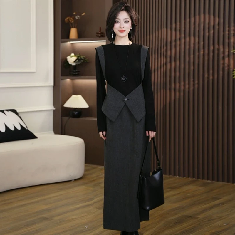 YY欧货时髦洋气干练气质套装秋冬假两件上衣高腰半身裙两件套3233