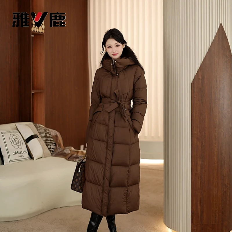长款羽绒服女冬季新款加厚连帽带腰带休闲系带修身收腰外套