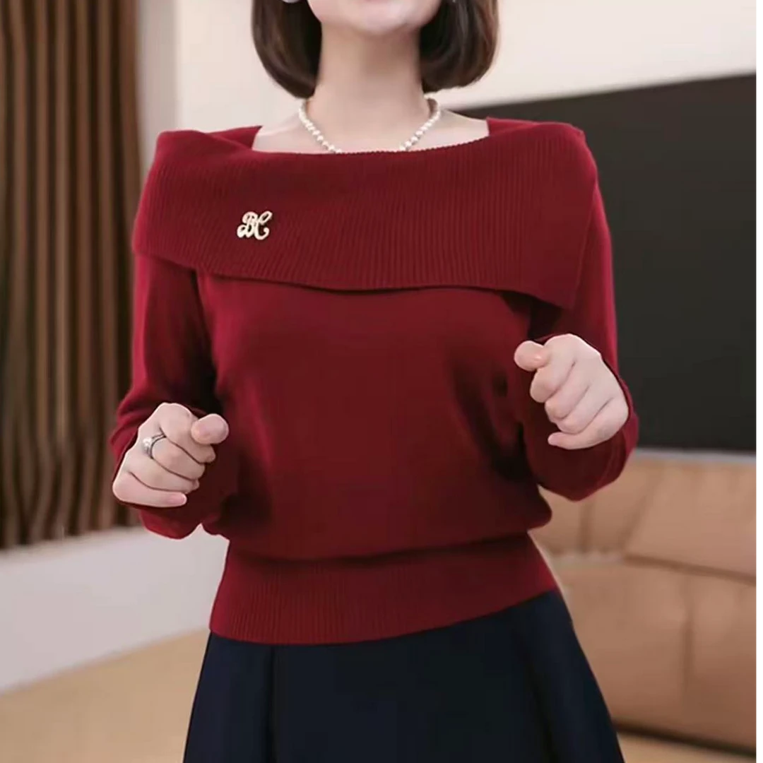 （运费补贴）针织中国风一字领薄款毛针织衫女装显瘦气质秋冬送胸针