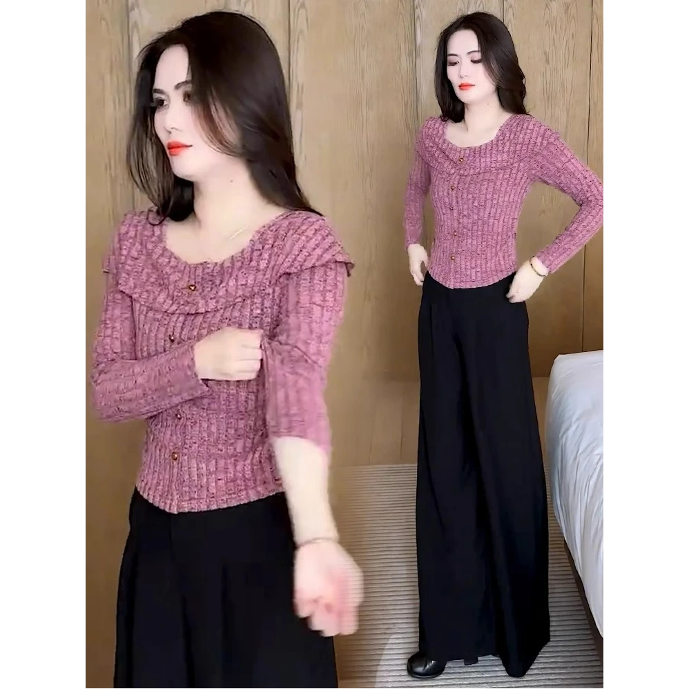 设计感一字肩长袖T恤女2025春秋新款洋气修身显瘦小个子打底上衣