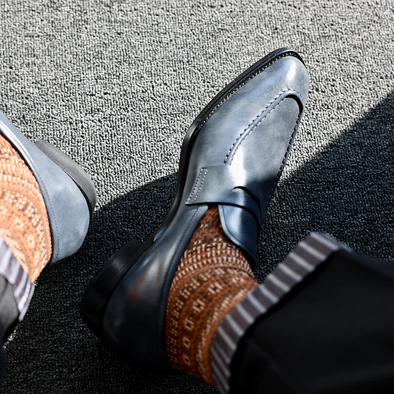 意大利琴底皮鞋男固特异真皮大底灰色斑点博物馆牛皮一脚蹬乐福鞋