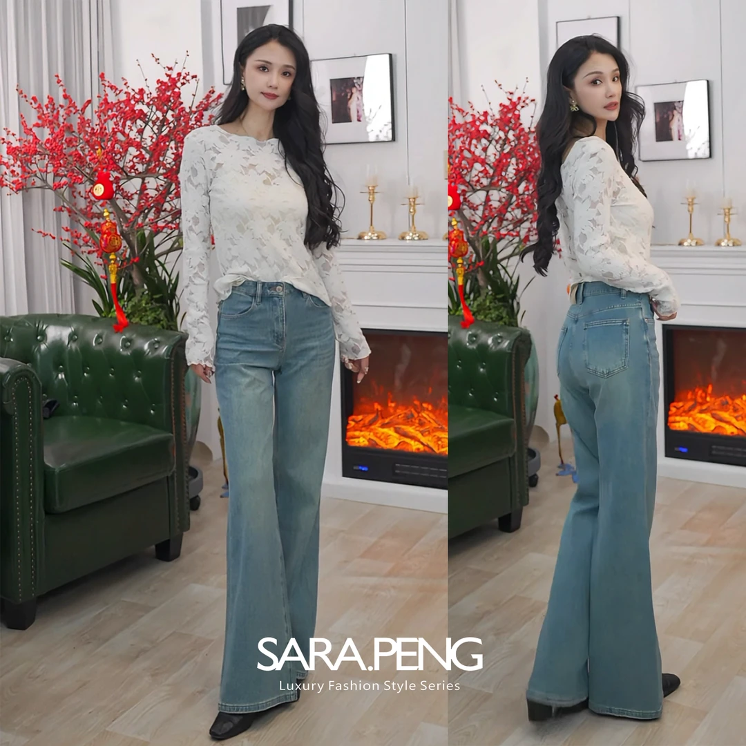 SARA.PENG牛仔神裤/高定蓝色高腰高弹直筒微喇裤时尚百搭牛仔裤