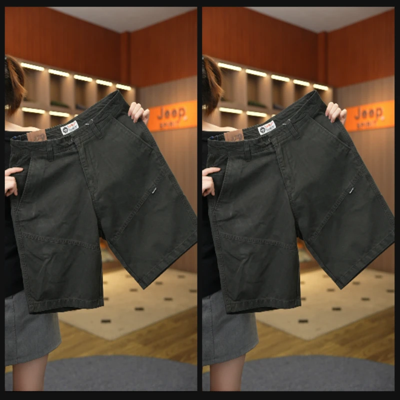 JEEPSPIRIT吉普高端男士工装裤夏季丹宁色织原棉宽松直筒短裤2032
