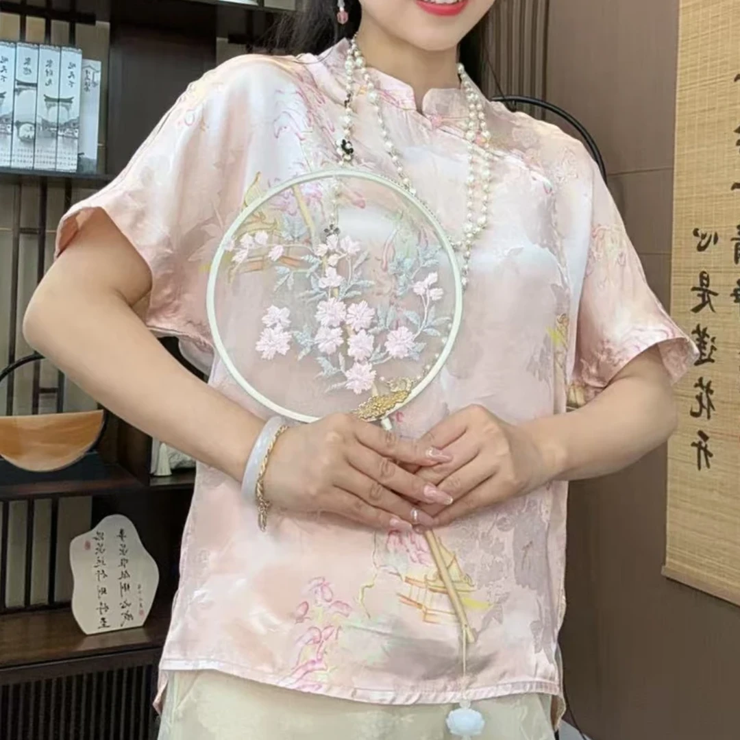 【亭台楼阁】新中式夏季流行时尚上衣夏款斜襟碎花气质短袖0506