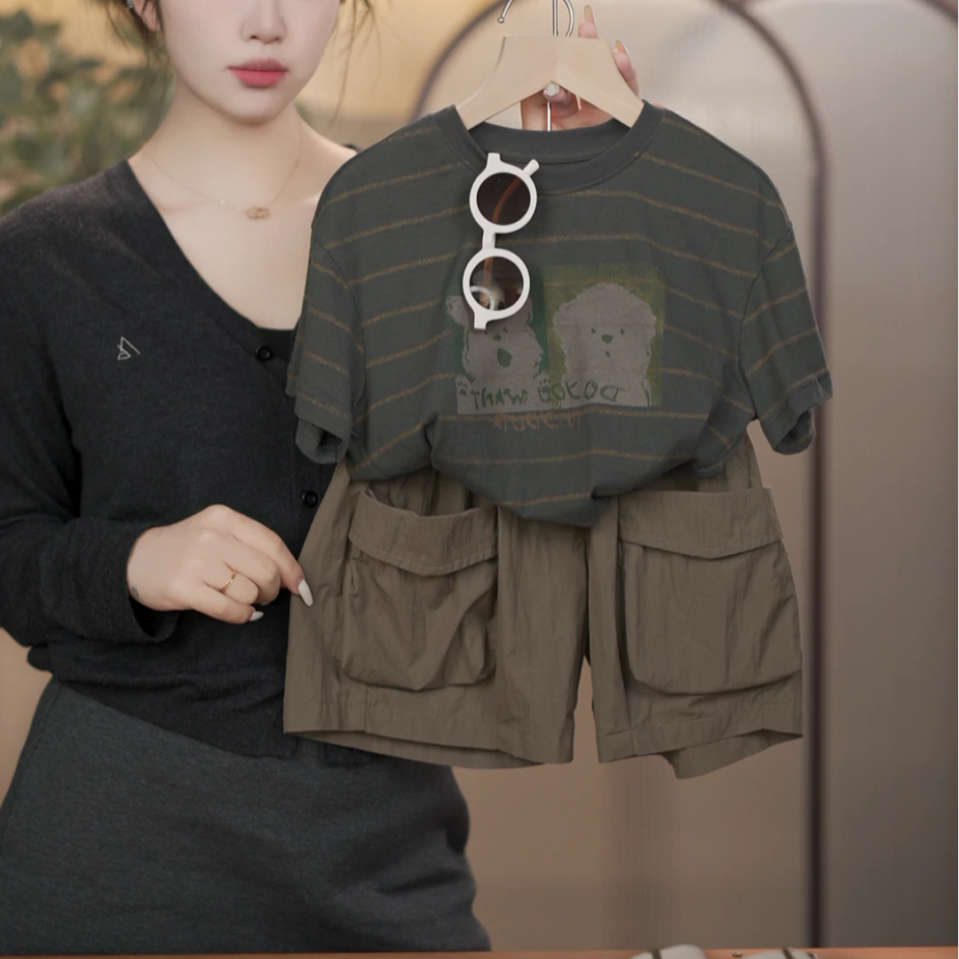 【菠菜不菜】夏季儿童【森林小狗】时尚百搭洋气休闲复古短裤套装