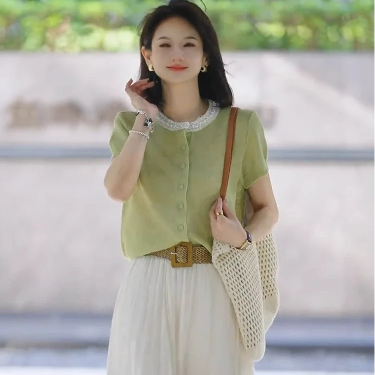 夏季新款独特漂亮小衫正肩短袖t恤女装时尚洋气短款开衫针织上衣