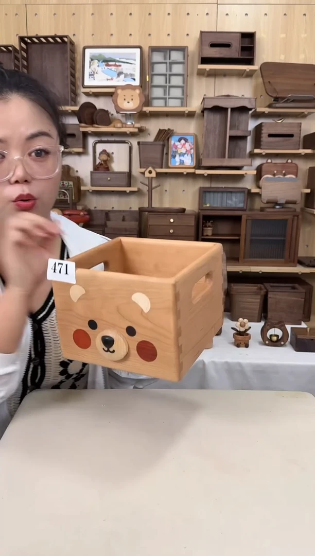 木471号樱桃木小熊方形收纳筐
