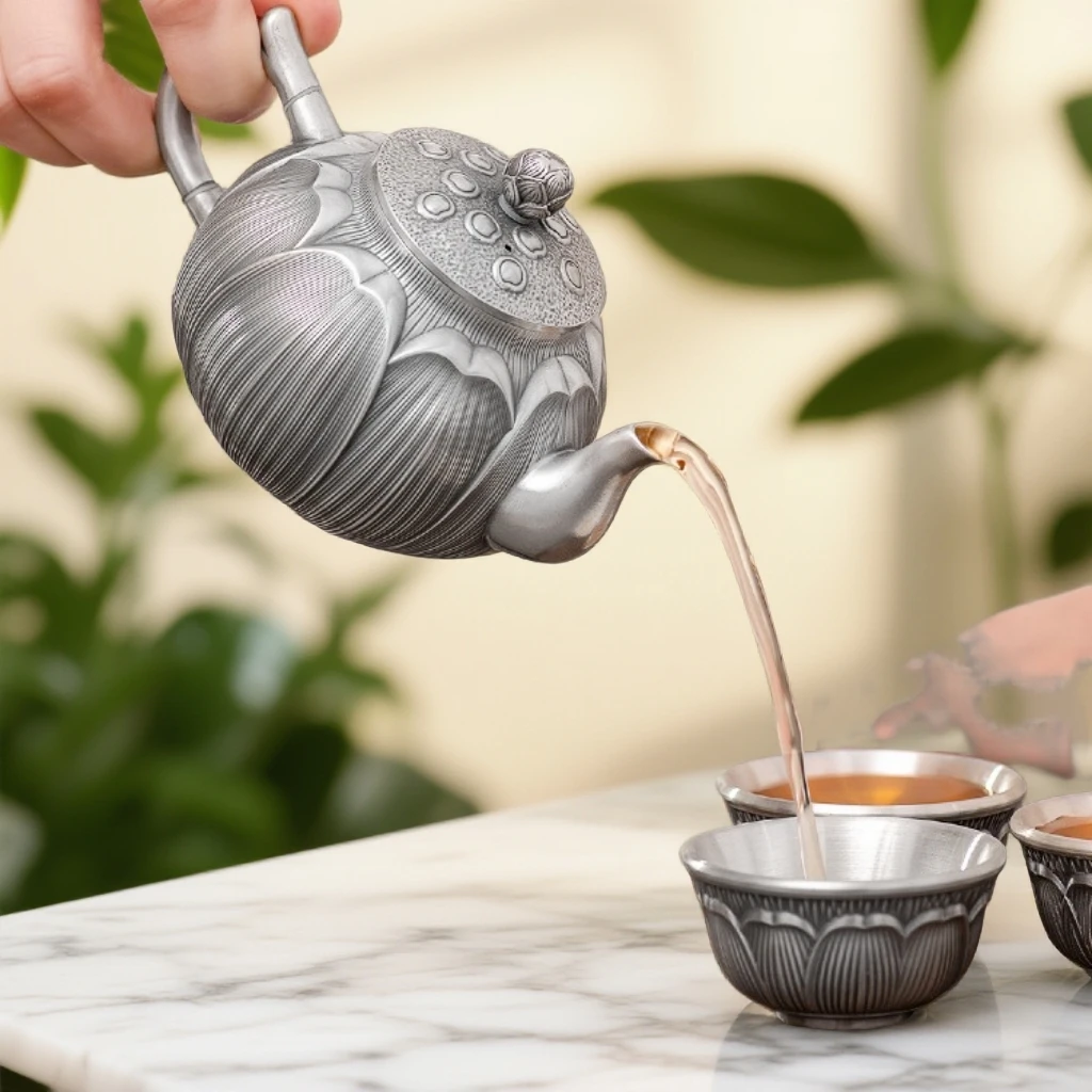 银制品 银壶泡茶壶999足银官方正品 创意莲花银茶具套装家用银礼