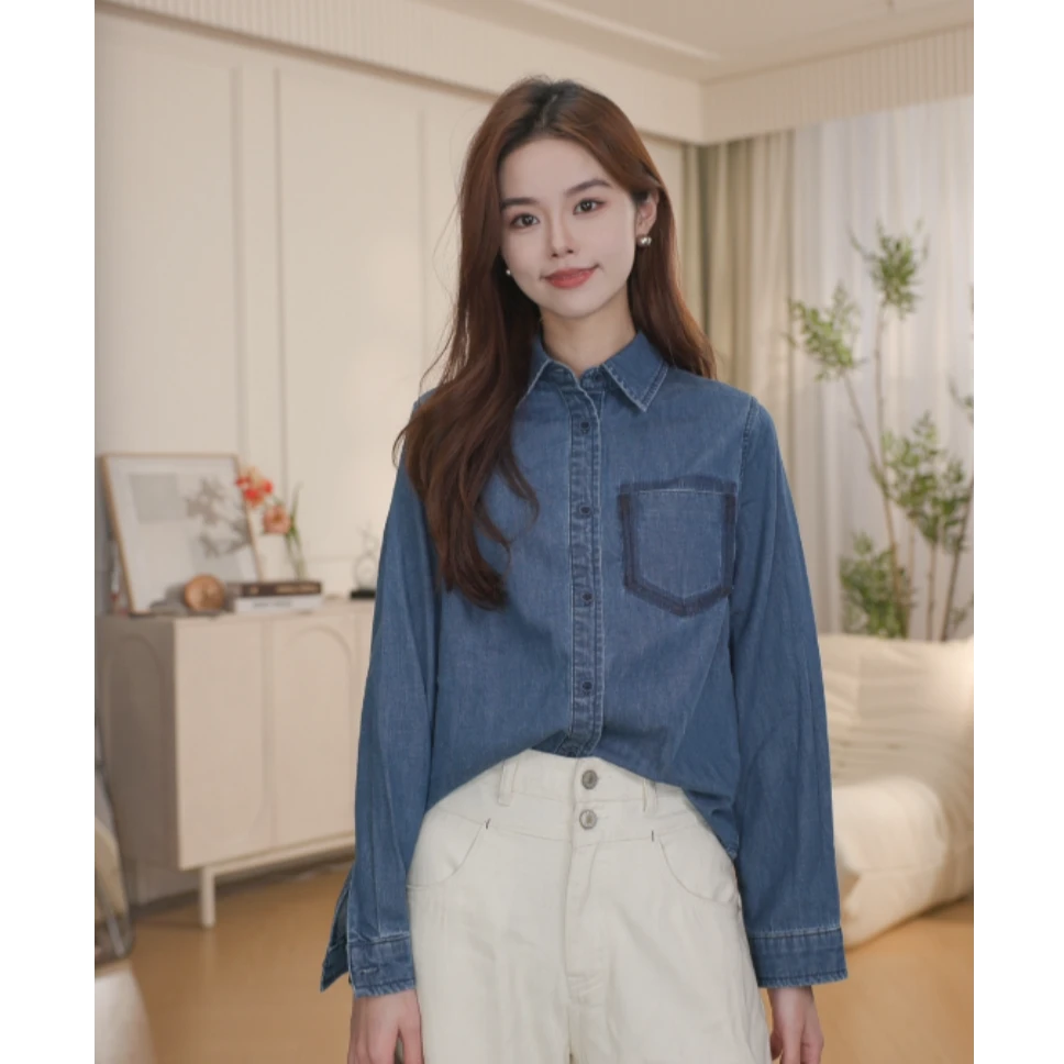 【欧若风】茵曼春季时尚文艺刺绣翻领牛仔衬衫气质休闲百搭衬衣